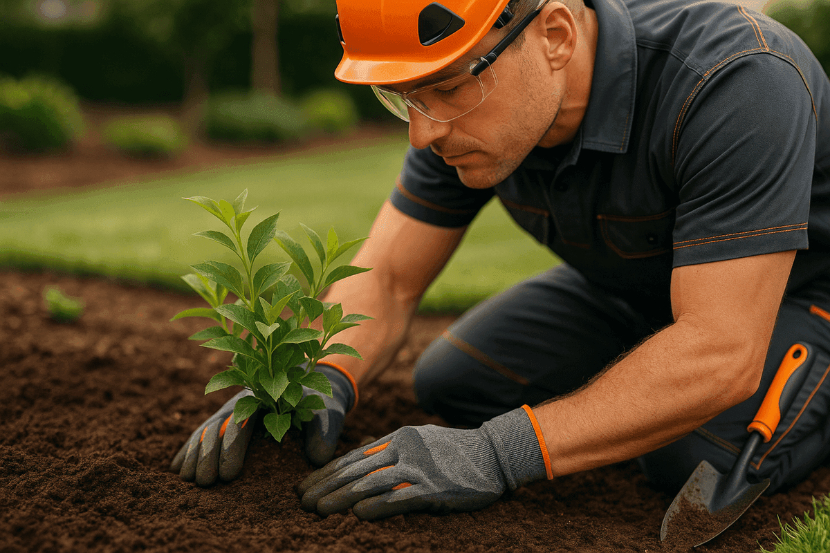 Gloved hands of landscaper planting a young shrub in a clean residential garden