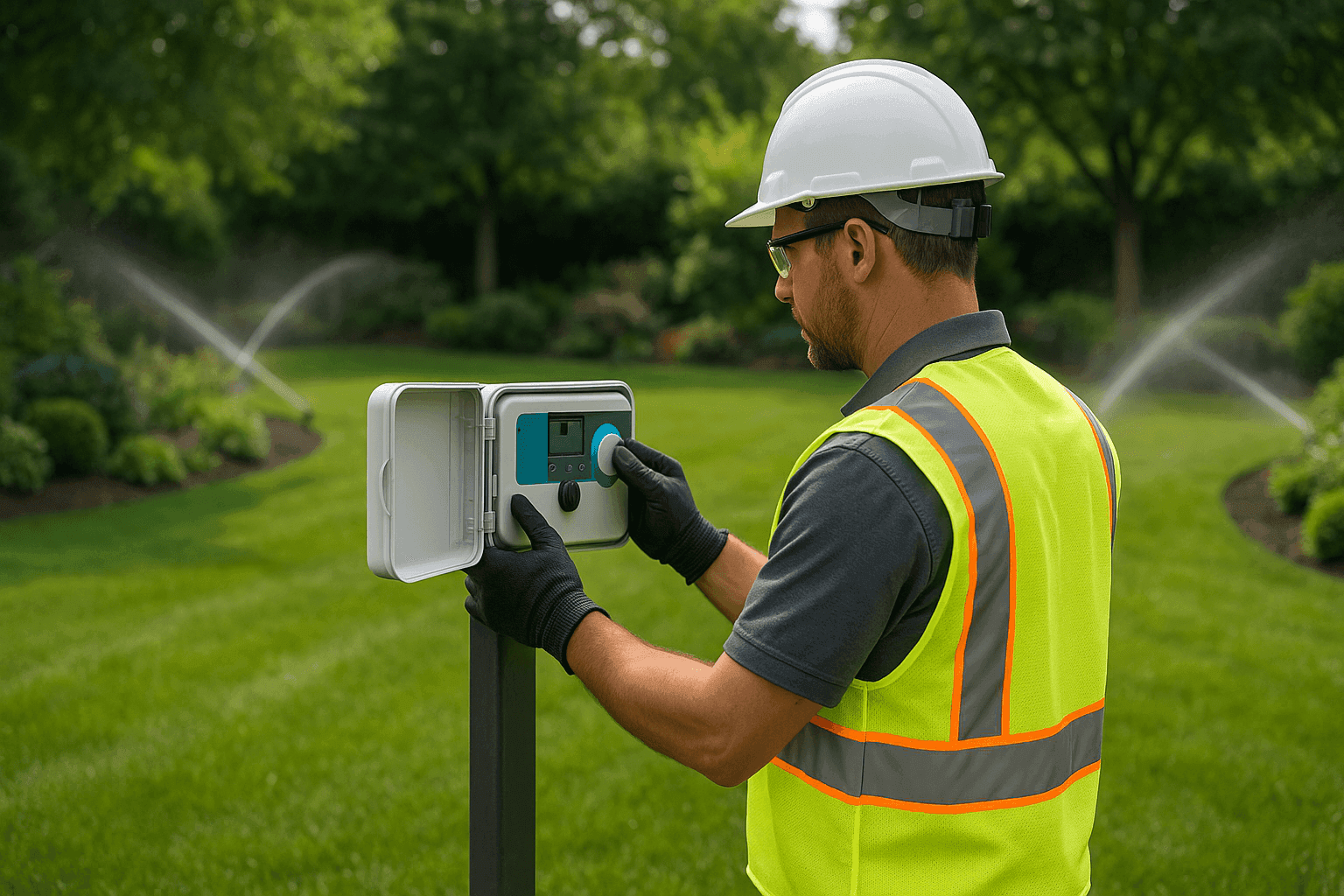 Technician adjusting a smart irrigation controller in a landscaped backyard