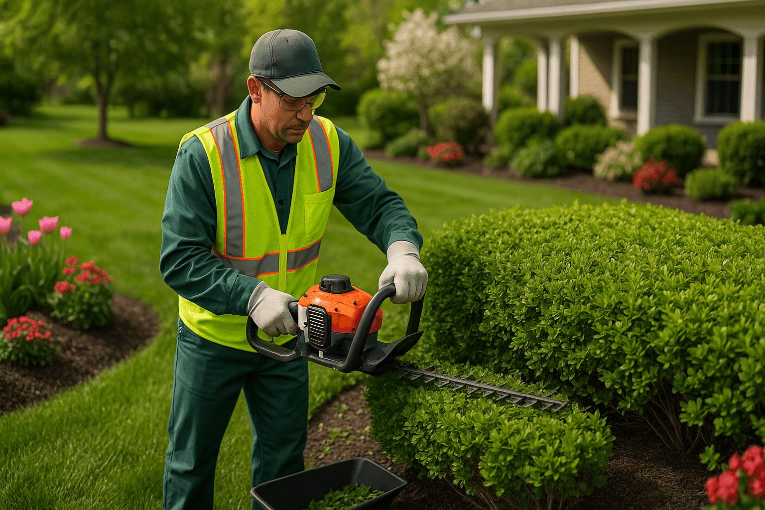 Landscaping professional trimming hedges in a well-kept garden during spring cleanup