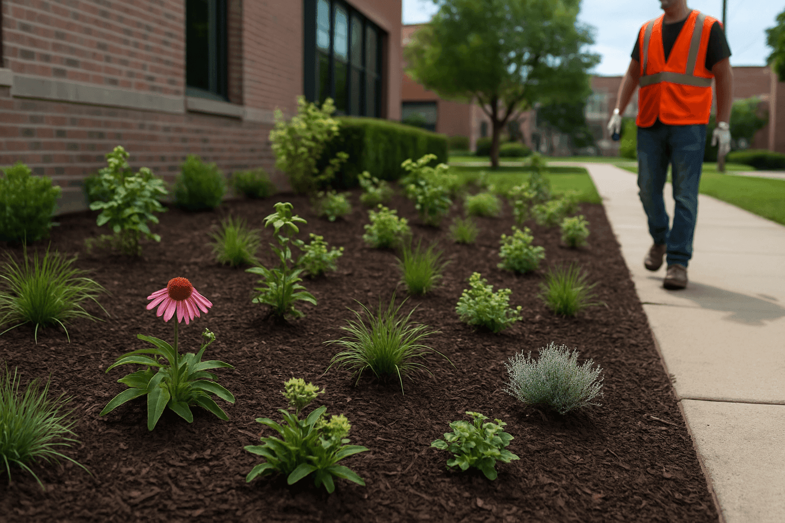 Freshly planted low-maintenance garden bed with mulch and drought-tolerant plants