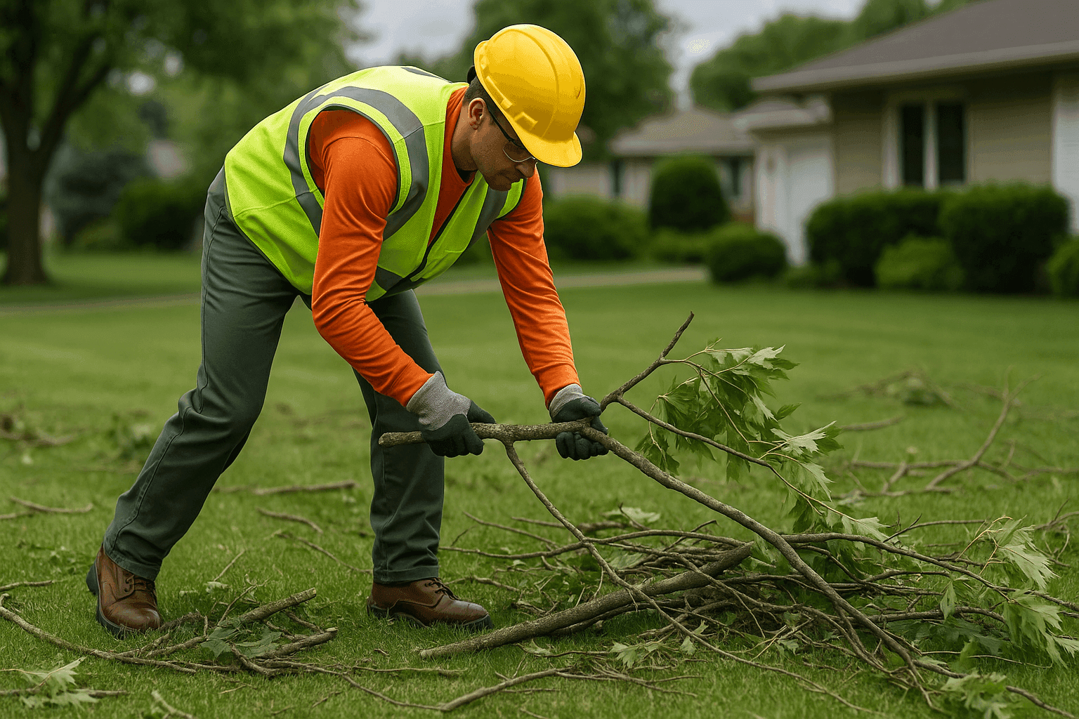 Trabajador de jardinería limpiando escombros de tormenta en un jardín residencial