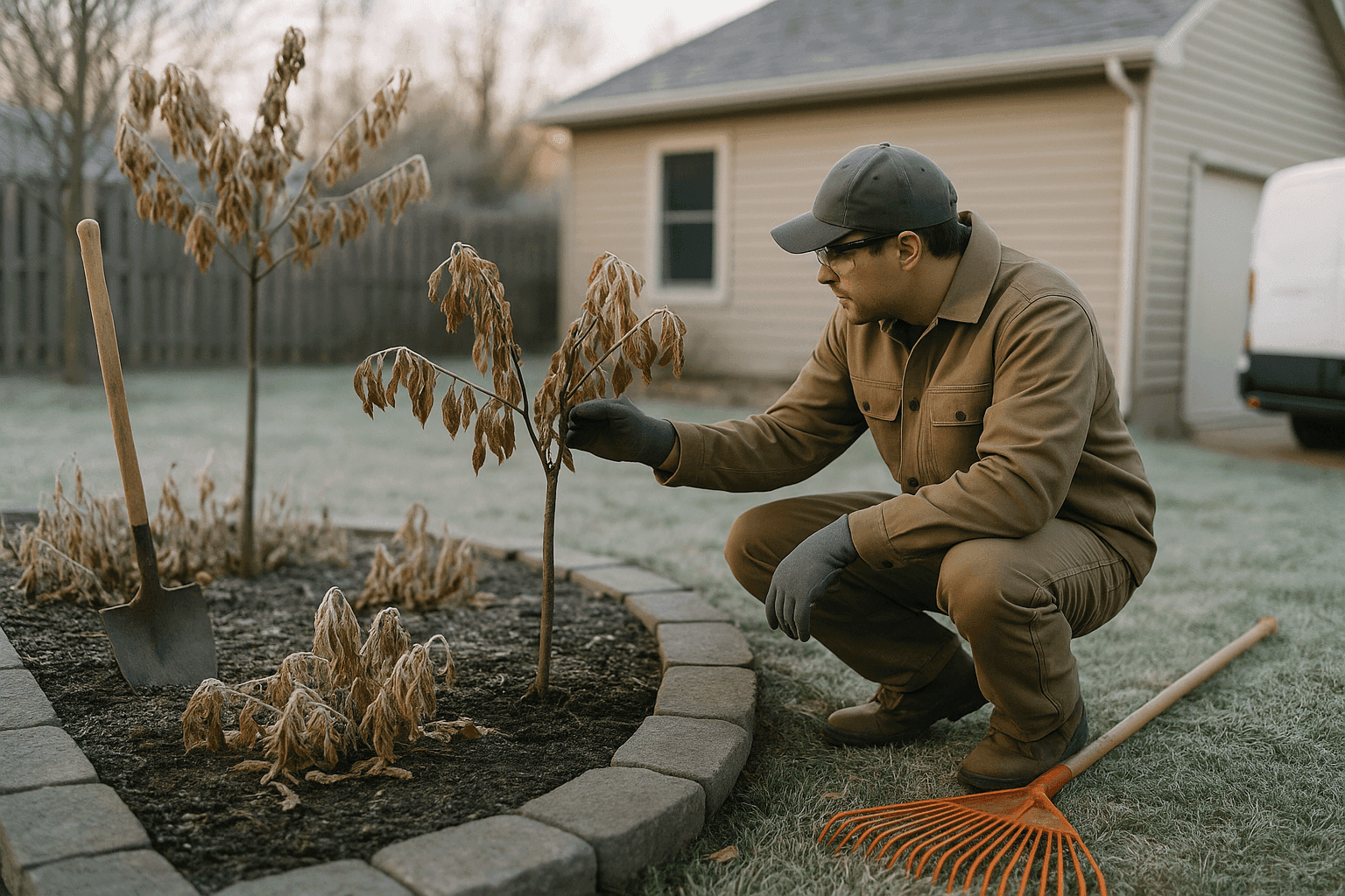 Homeowner examining frost-damaged trees and plants after a freeze