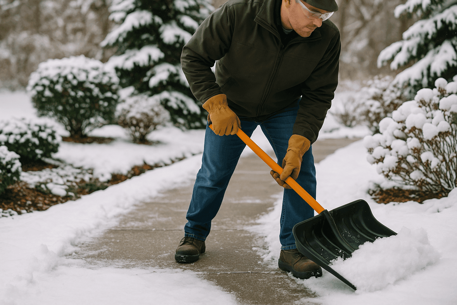 Homeowner shoveling snow from walkway next to snow-covered landscaping