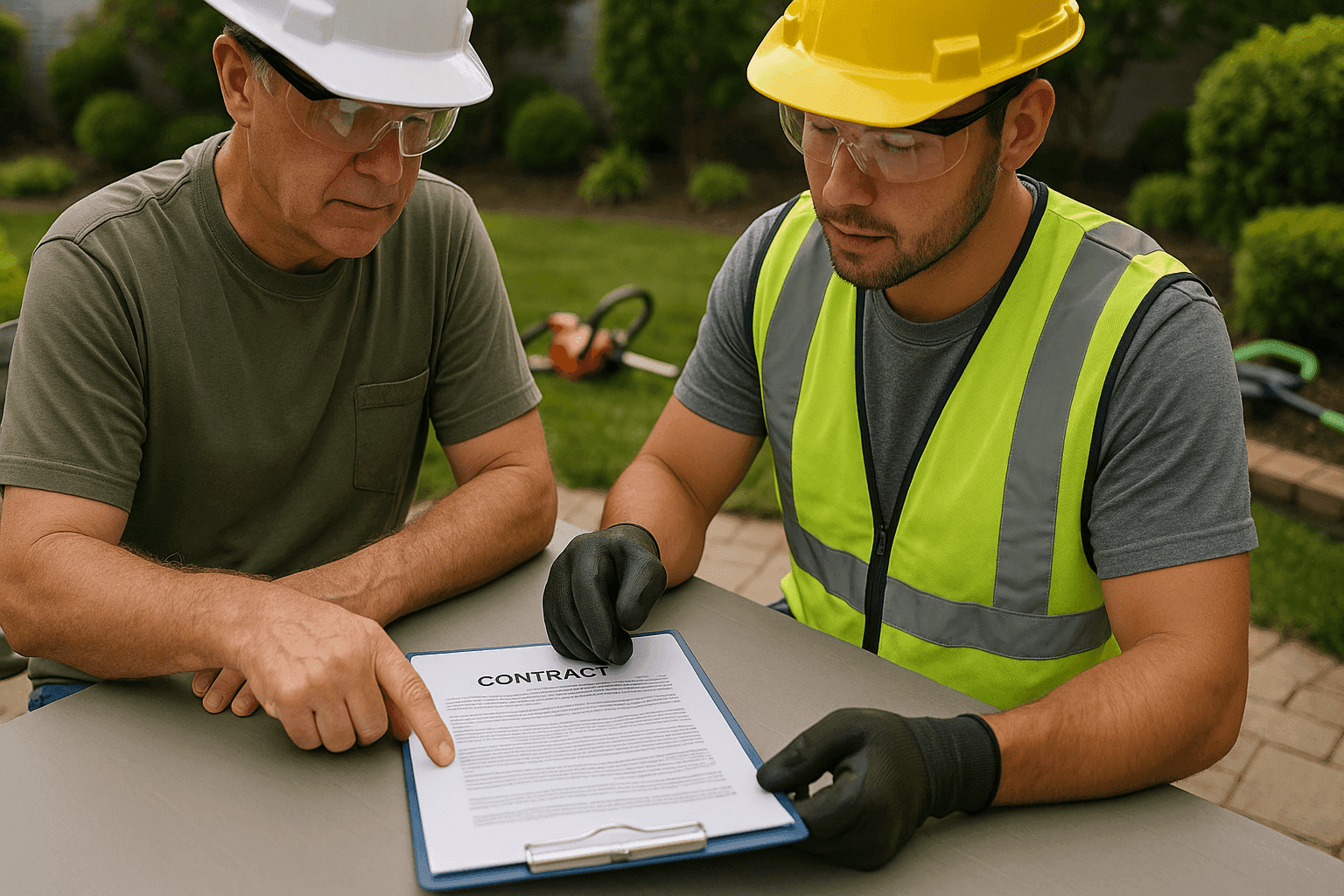 Property owner reviewing landscaping contract with a professional contractor outdoors