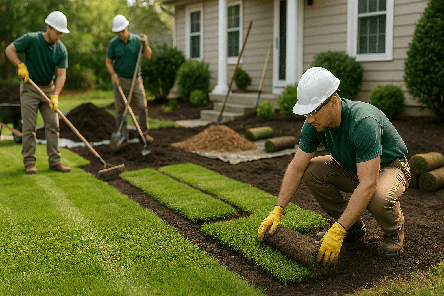 Landscaping crew installing sod in a suburban yard with tools and materials visible